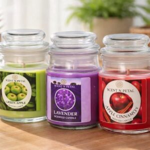 scented jar candles green apple, lavender and apple cinnamon