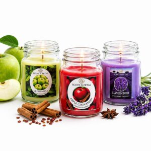 scented jar candles set of 3 – green apple, lavender & apple cinnamon | long lasting aroma candles for home décor, relaxation & gifting